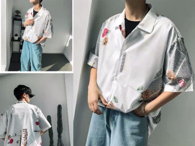 [Kèm ảnh thật] Áo Sơ Mi Lụa Nam Tay Lỡ Họa Tiết Tờ Báo, Bông Hồng In Nổi 3D [Lụa Thái] Hàng Cao Cấp | BigBuy360 - bigbuy360.vn