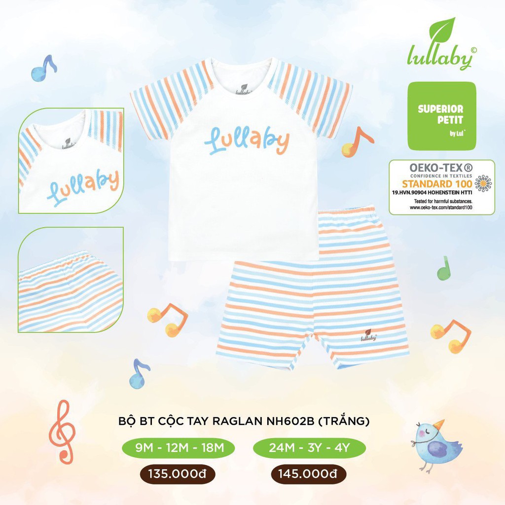 Bộ QA cộc tay Petit Raglan bé trai bé gái 100% cotton in hình ngộ nghĩnh Lullaby NH602P