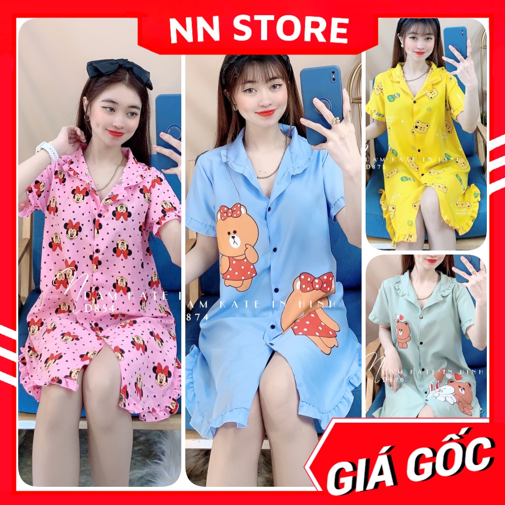 Đầm ngủ nữ phom 55kg chất kate mềm in hình bò sữa in hoạt hình dễ thương Đầm kate tổng hợp