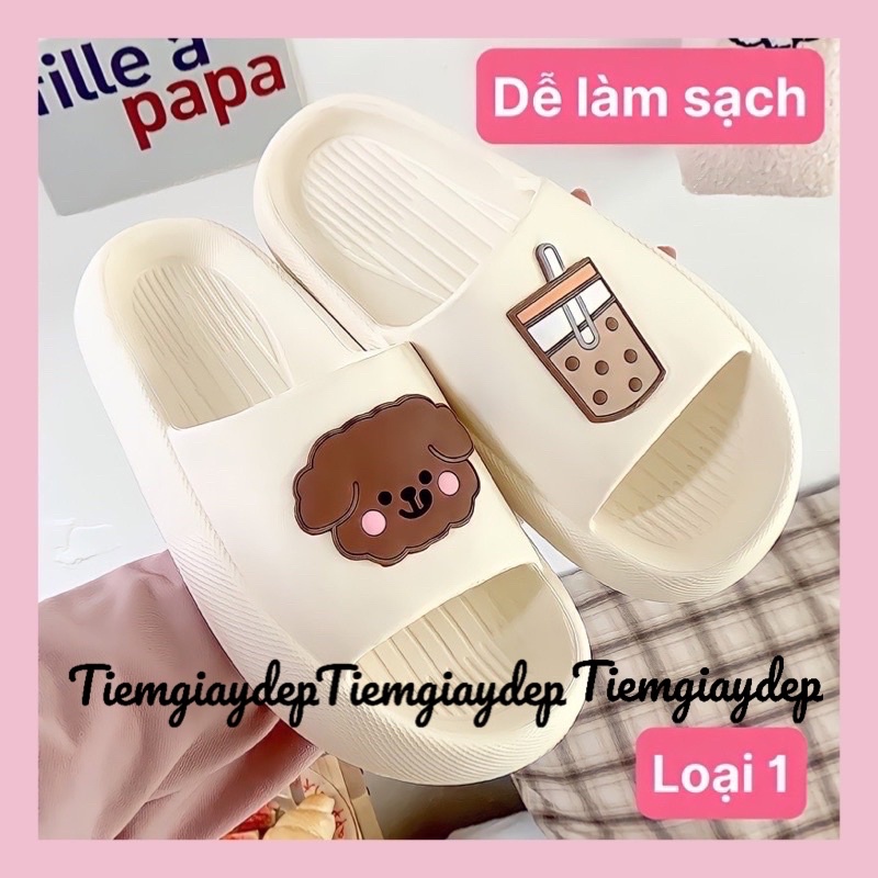 Dép bánh mì,dép quai ngang nam nữ hình hoạt hình gấu và trà sữa dễ thương cao 3cm