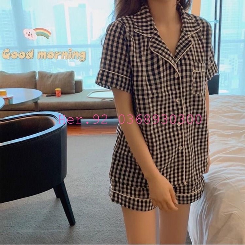 Bộ pijama quần đùi áo cộc kẻ ô chất đũi mát lạnh đồ ngủ xinh