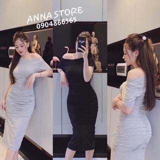 Váy cộc tay lệch vai cổ thuyền rúm mông váy body sang chảnh Annastore ❤️