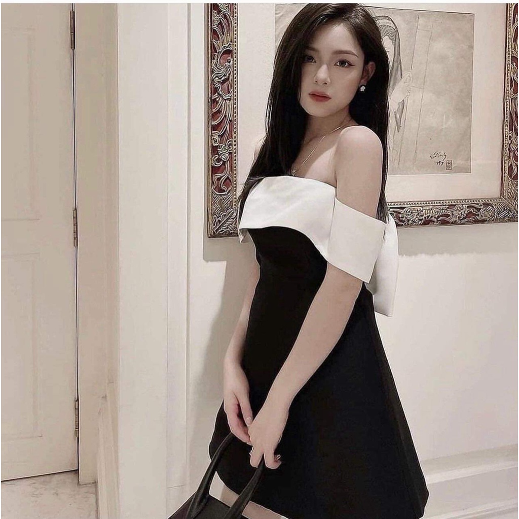 Đầm trễ vai ullzzang - Váy trễ vai nơ lưng chất tafta có sẵn đệm mút ảnh thật