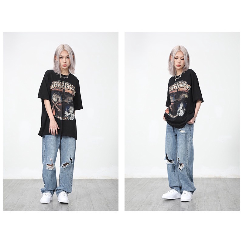 Áo Thun Tay Lỡ 100% Cotton 2 Chiều Dáng Rộng Unisex, Áo Phông Nam Nữ Oversize Hình In HUMAN PEACE