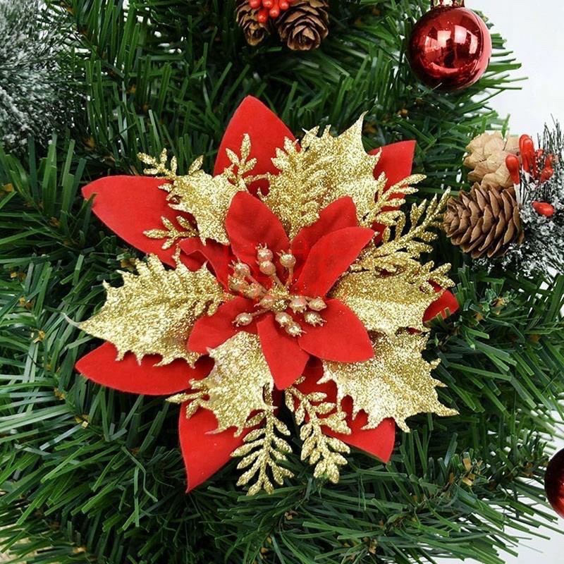 Bông hoa nhũ trang trí Noel, hoa trạng nguyên trang trí giáng sinh (Kích thước 14cm)