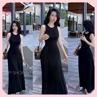 Đầm ba lỗ maxi dài, váy qua gối sang chảnh tôn dáng thun gân màu đen kiểu hàn quốc