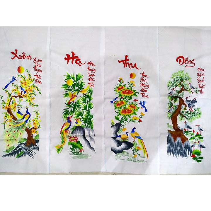 Tranh treo tường phòng khách,  Tranh thêu Tứ quý Xuân hà thu đông thêu sẵn