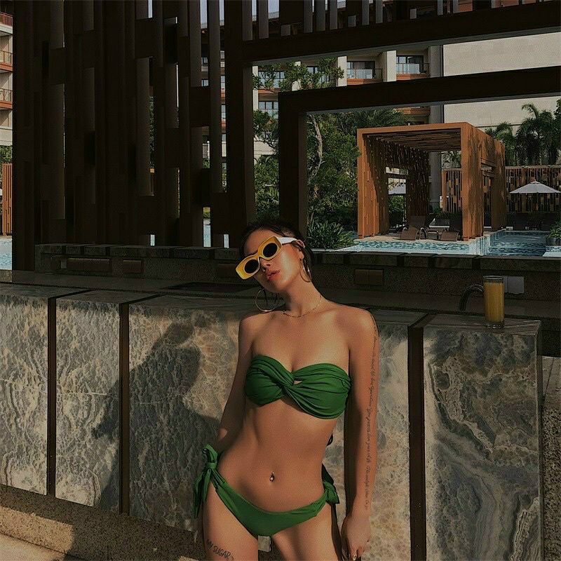 [Sẵn Hàng] Bikini đồ bơi 2 mảnh áo xoắn màu xanh rêu