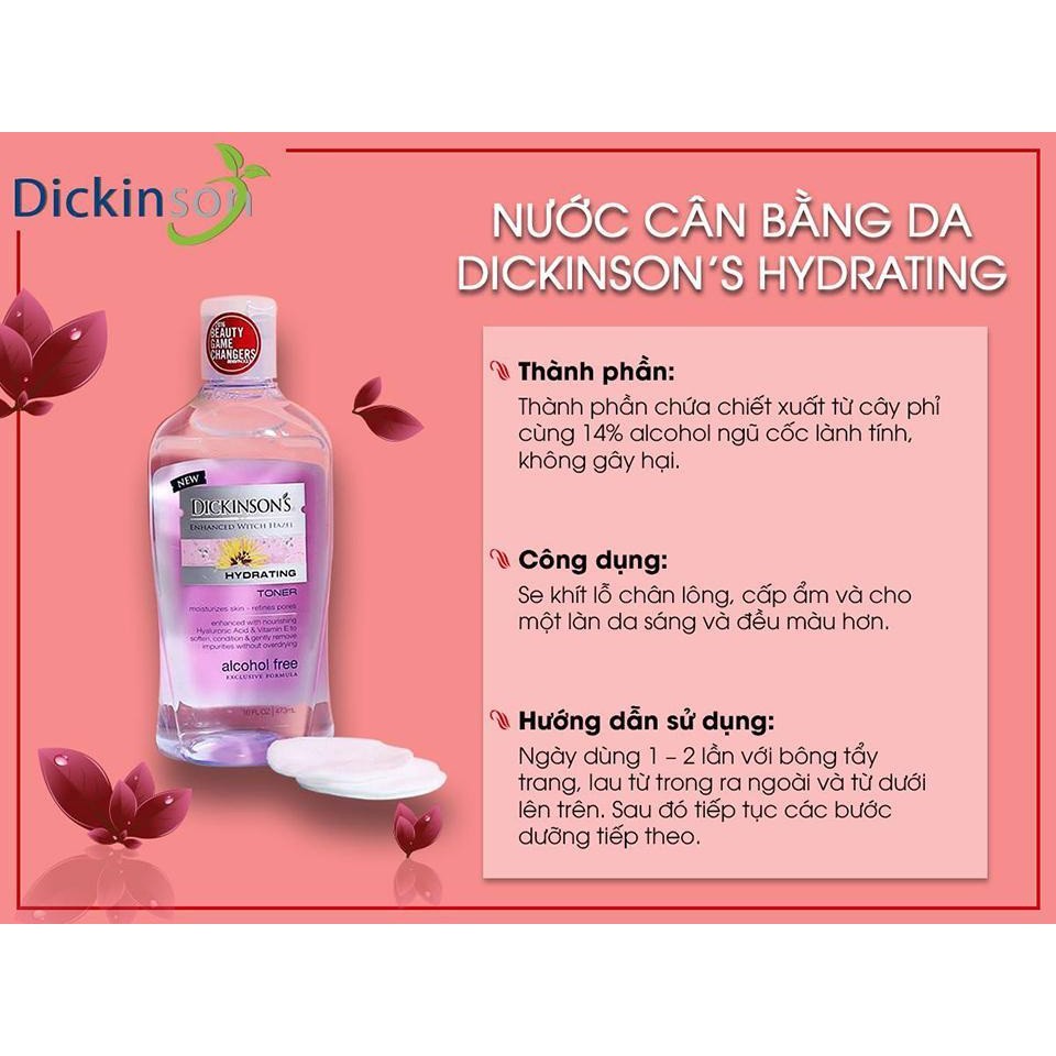 [Chính hãng, Có tem] Nước hoa hồng DICKINSON'S Enhanced Witch Hazel Hydrating Toner 473ml (Dành cho da khô, da thường)