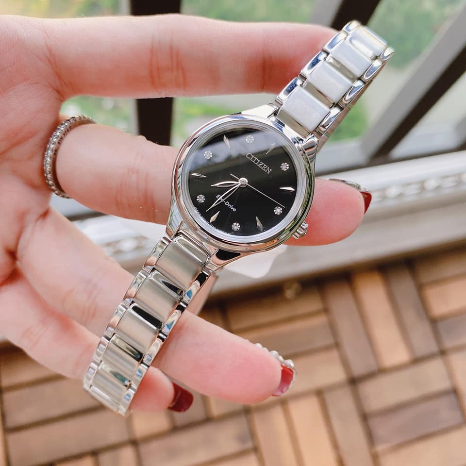 Đồng hồ nữ Citizen FE2100-51E dây bạc, mặt đen - Size 29mm