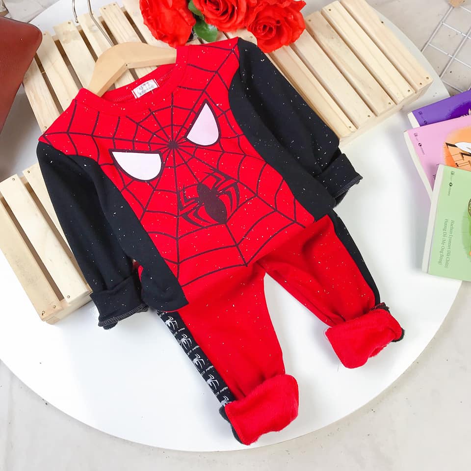 Bộ quần áo dài tay bé trai thu đông lót lông & cotton siêu nhân người nhện cho bé 12-20kg