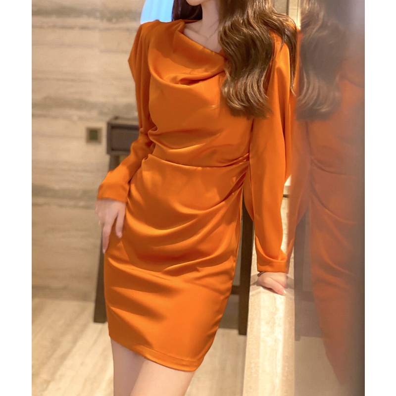 ZYHT Đầm Mảnh tay áo phồng vải sa tanh phong cách Hàn Quốc phong cách thanh lịch 4322