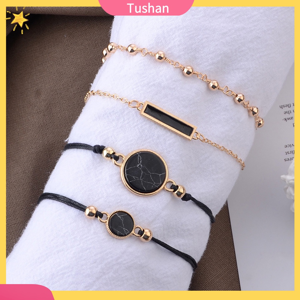 TUSH_4Pcs/Set Women Bohemian Round Bar Stone Charm Bracelet Rope Chain Bangle Jewelry