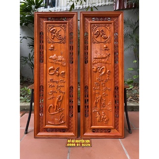 Bộ tranh chữ câu đối cha mẹ 37*107 gỗ hương treo tường