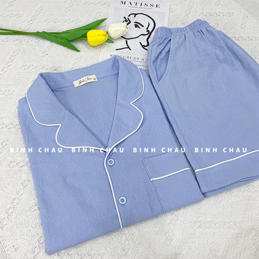Bộ Ngủ Pyjama, Đồ Bộ Nữ Cộc Tay Mặc Nhà Cao Cấp Thô Đũi Cara - Bình Châu Sleepwear Clothing