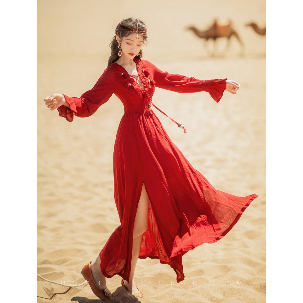 Váy maxi đỏ xẻ tà đính họa tiết boho - MS107 (Có ảnh thật)