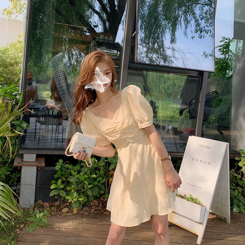 Tàu 48 Giờ ~!Đầm Tay Phồng Cổ Yếm Dáng Ôm Phong Cách Thời Trang Pháp Cổ Điển Đơn Giản Dành Cho Nữ