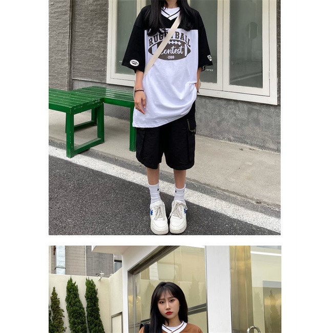 Áo thun cổ chữ V tay ngắn phối màu cổ điển họa tiết chữ phong cách châu Mỹ thời trang dáng rộng cho nữ