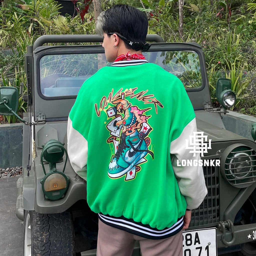 _ Áo khoác Varsity Green họa tiết Longsnkr chất nỉ giữ nhiệt và thoáng - Bomber /Vars