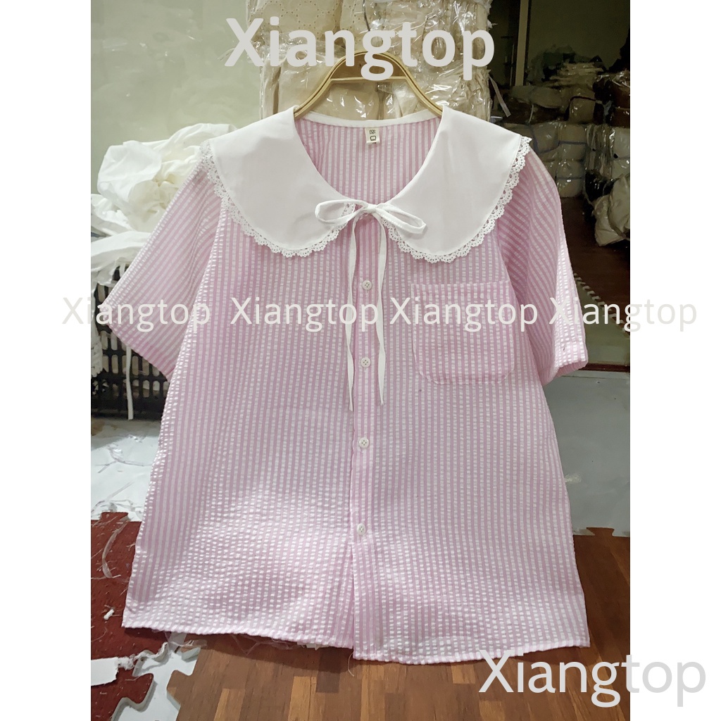 Áo sơ mi kẻ cổ bèo tiểu thư 2 màu ngắn tay kaca aosomicongsothietke