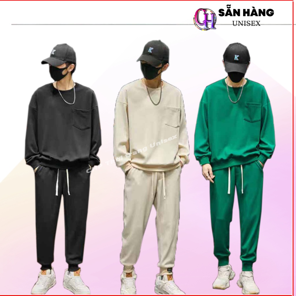 Set nỉ bông nam nữ trơn túi ngực - Áo sweater nữ form rộng và quần nỉ nữ ống bom