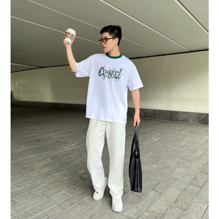 Áo thun tay lỡ nam nữ,thiết kế cổ xanh in hình Cowgirl