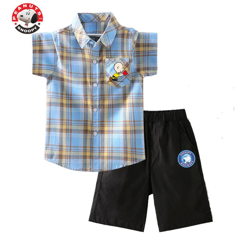 SNOOPY Snoopy Boys 2021 bộ đồ mới, bé trai cao lớn, áo sơ mi kẻ sọc đẹp trai và thời trang, bé trai hai mảnh