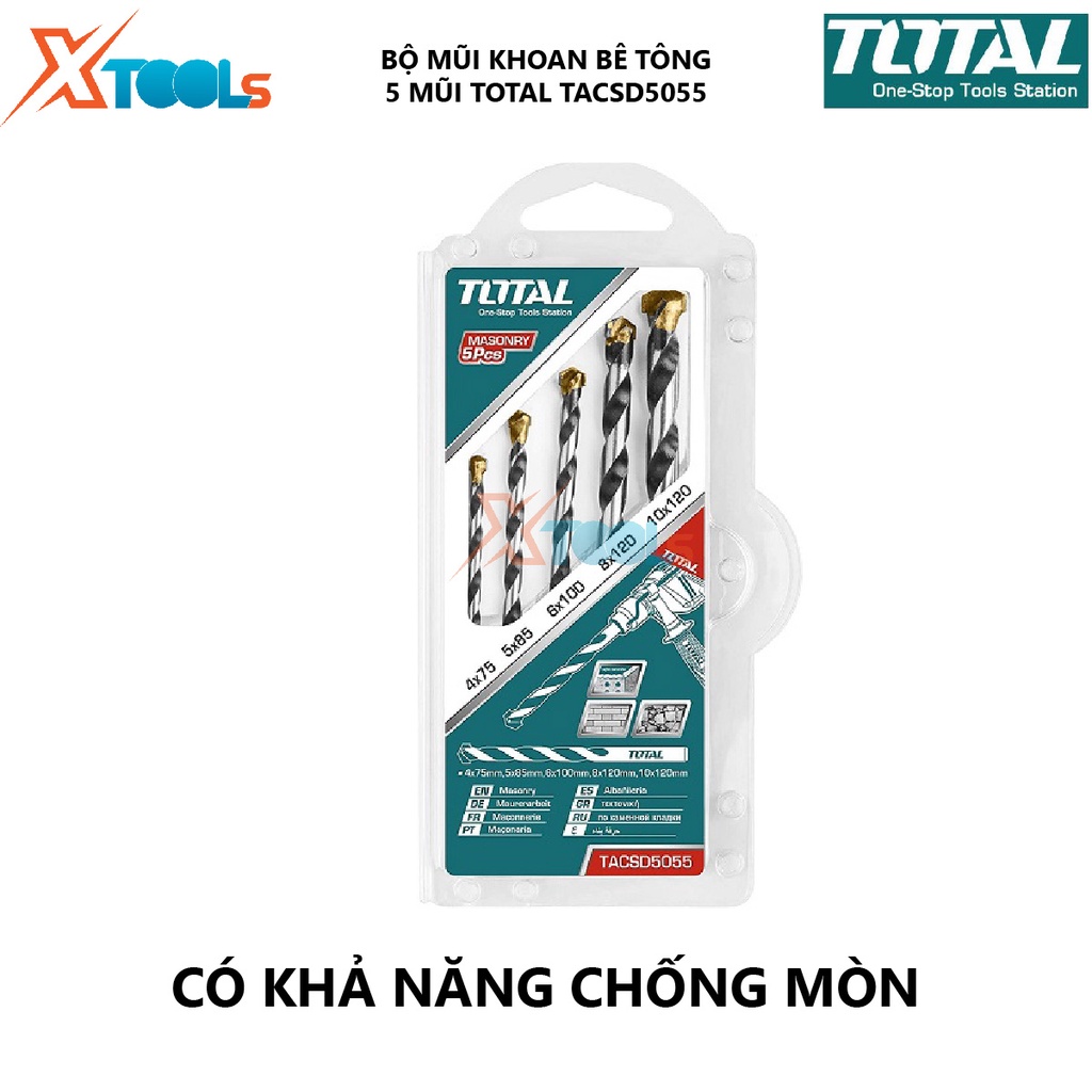 Bộ 5 mũi khoan bê tông TOTAL TACSD5055 combo 5 mũi đục bê tông Gồm 5 kích thước giúp hỗ trợ khoét lỗ trên bề mặt vật liệ