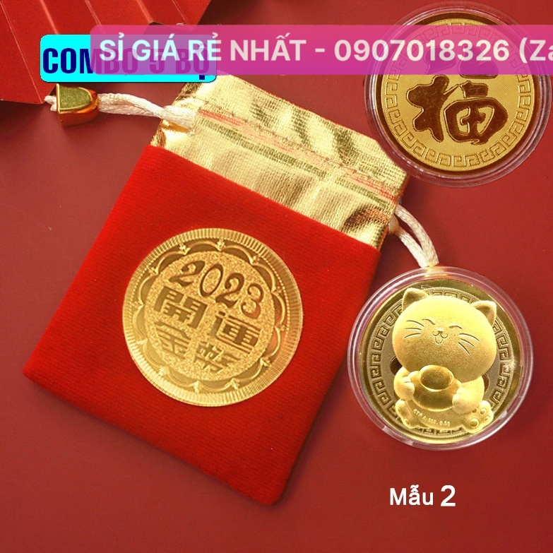 Combo 10 Xu con mèo vàng + túi gấm 2023 làm quà tặng, đồng nghiệp khách hàng Tết Quý Mão - Mẫu 2