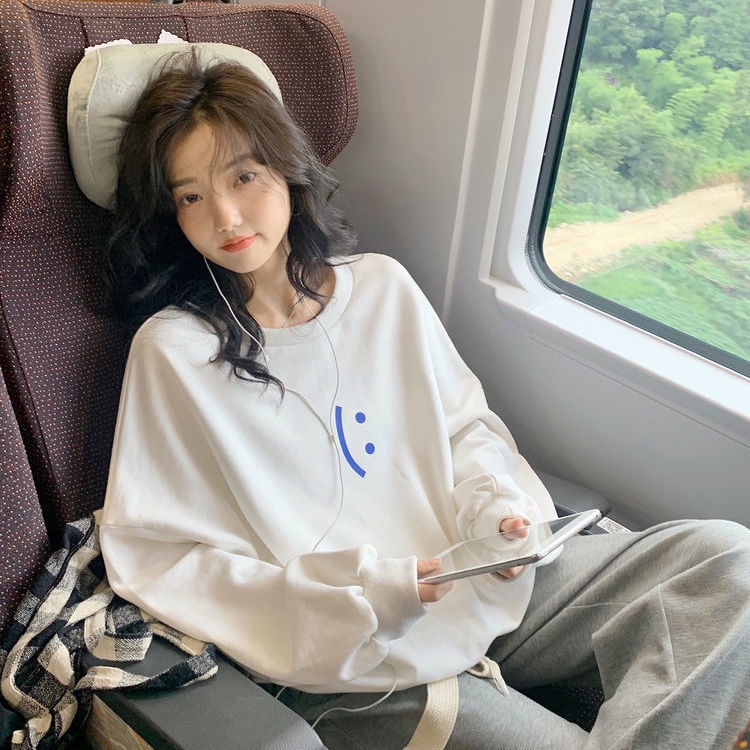 【2021New】Áo sweater tay dài cổ tròn dáng rộng in hình mặt cười phong cách Hàn Quốc mùa thu mới cho nữ sinh