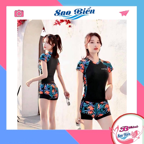 Đồ bơi nữ kín đáo áo tay ngắn quần đùi họa tiết hoa