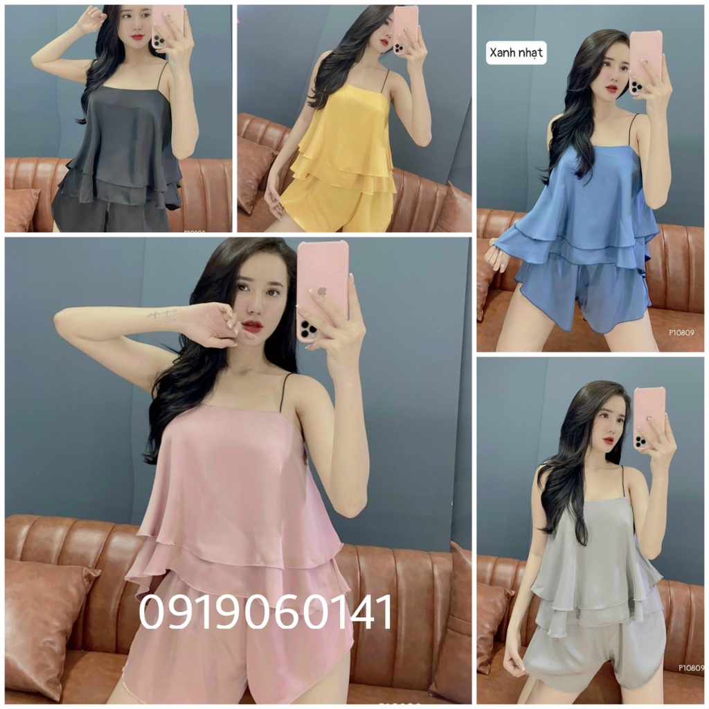 (Mới về) Hình thật shop chụp-Bộ hai dây bún, áo hai lớp tầng vải voan siêu cưng và sexy