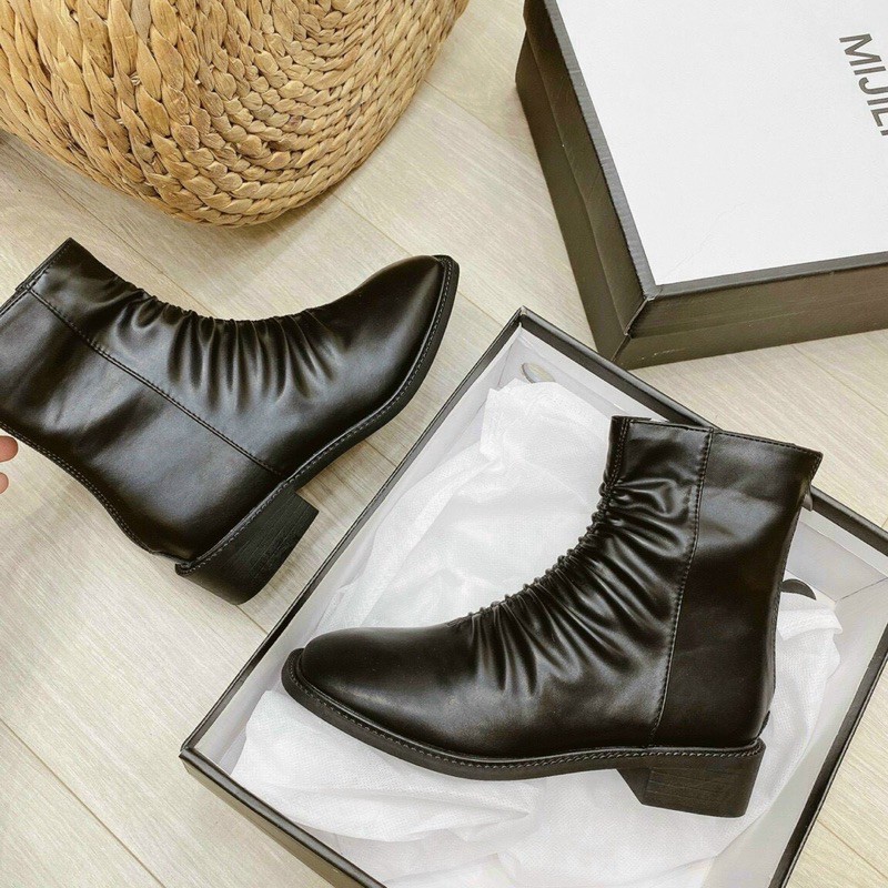 Bốt lửng nữ da mềm nhúm nhăn trước, Bốt nữ thời trang khóa kéo sau phối gân giữa full box cao cấp | BigBuy360 - bigbuy360.vn