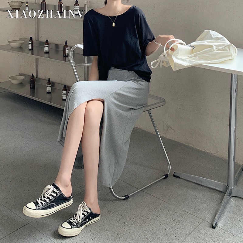 Bộ Áo Thun Ngắn Tay + Chân Váy Midi Lưng Cao Xẻ Tà Xinh Xắn Dành Cho Nữ | BigBuy360 - bigbuy360.vn