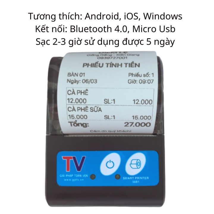 Máy in bill  Bluetooth qua điện thoại in Viettel Pay Pro, KiotViet + App tính tiền giao hàng Goviet, Grab - Tậng 5 cuộn