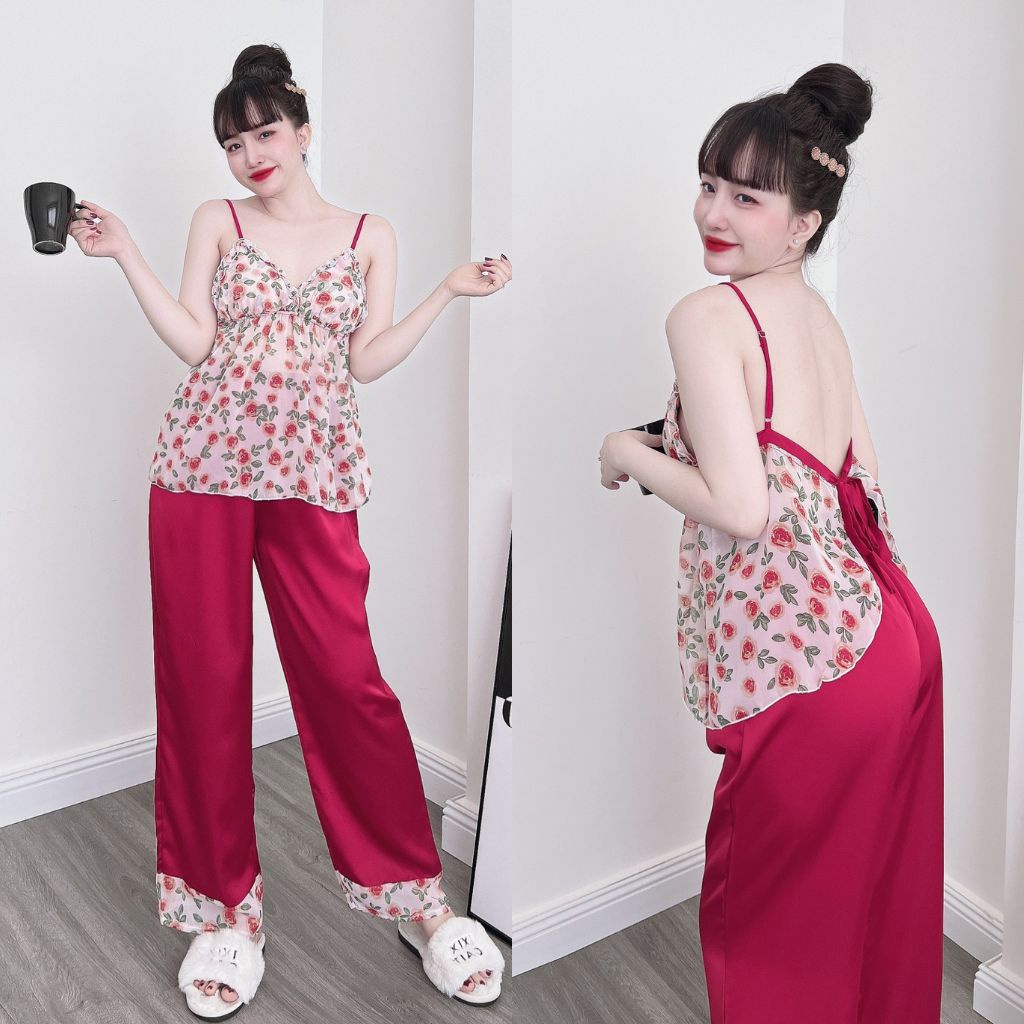 Đồ ngủ nữ mút ngực MIKY, Đồ ngủ sexy lụa Chiffon phối Satin cao cấp mềm mại xinh xắn &lt; 63KG