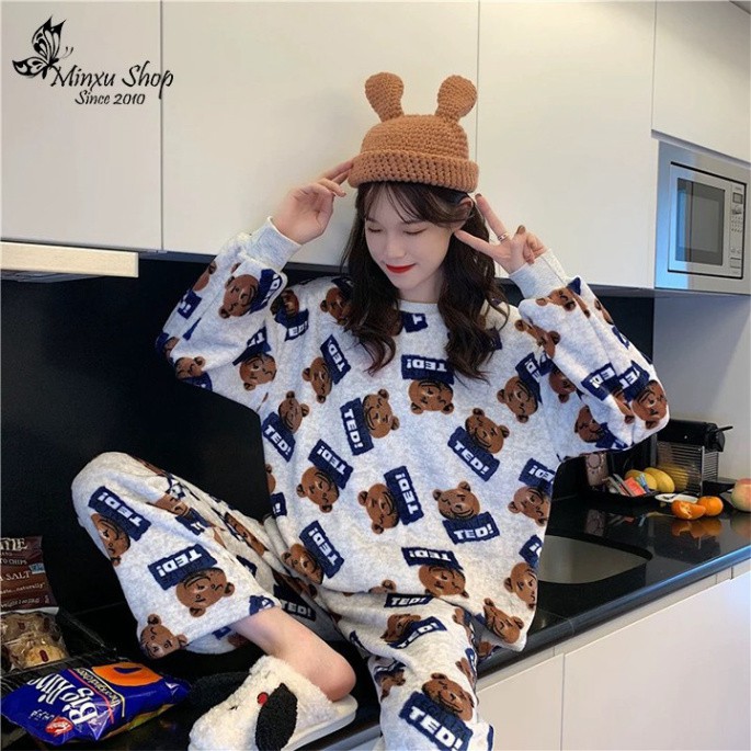 Bộ mặc nhà, bộ đồ ngủ nữ mùa đông chất băng lông siêu mềm mại, ấm áp, mặc lại dễ thương, mùa đông ôm như ôm gấu