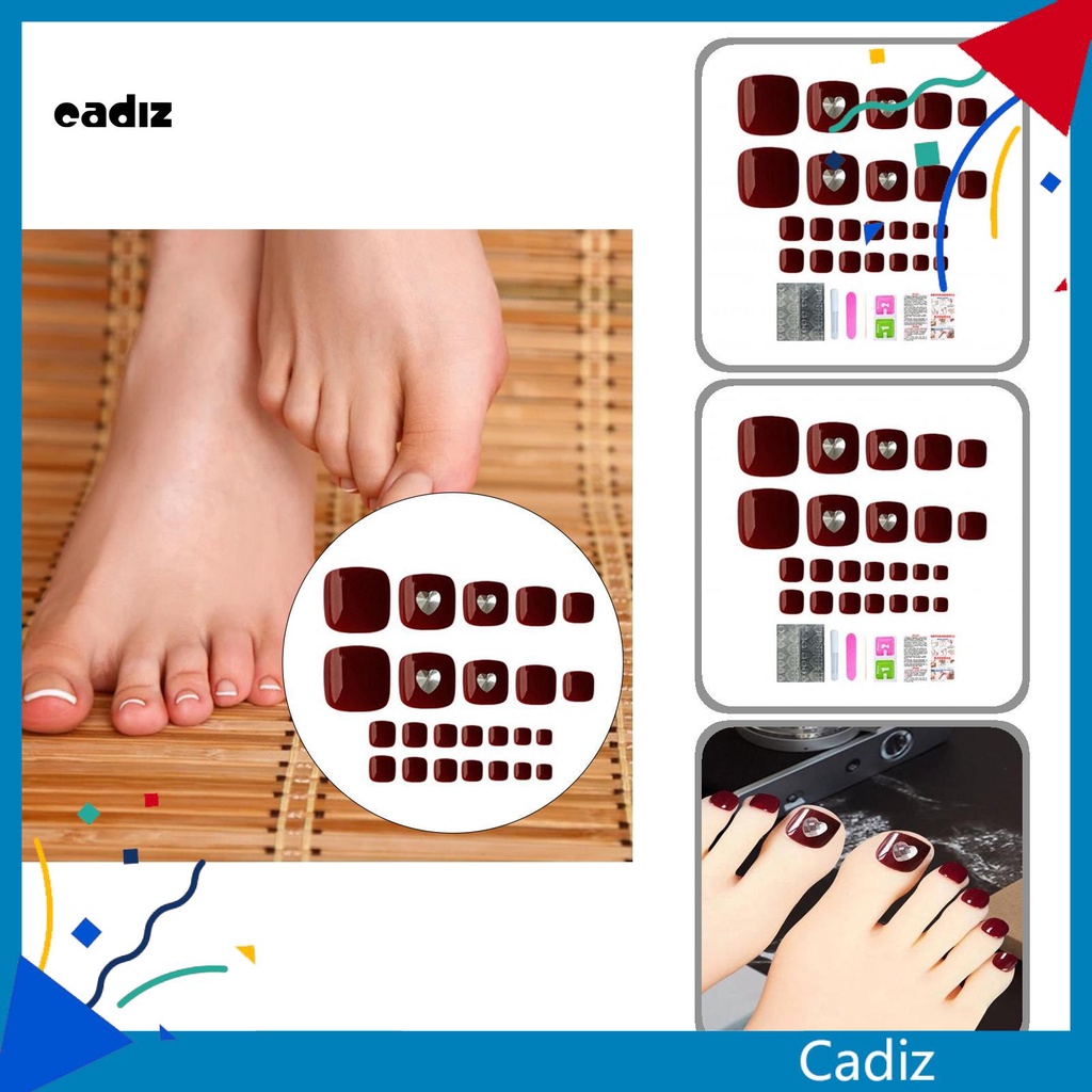 [Hàng mới về] Hộp 24 móng chân giả màu đỏ rượu sáng bóng lâu trôi bằng ABS