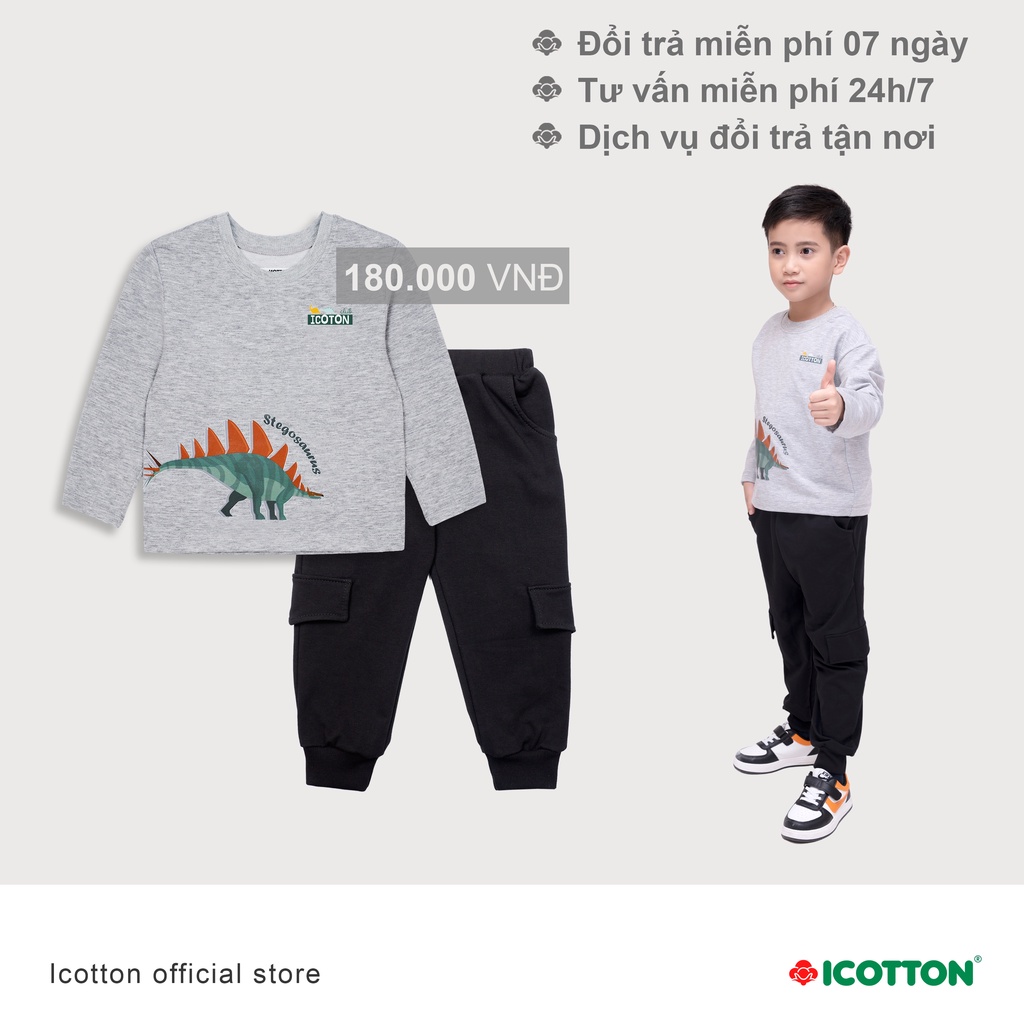 Bộ thu đông cho bé trai từ 1 đến 10 tuổi họa tiết khủng long màu Ghi