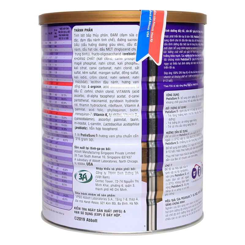 Sữa Bột Abbott Pediasure B/A hương Vani Ít Ngọt Lon 1.6kg