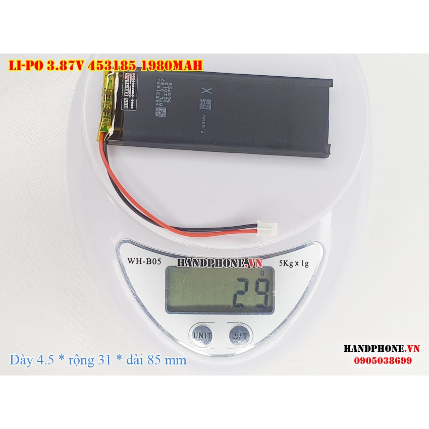 Pin Li-Po 3.87V 1980mAh 453185 (Lithium Polymer) cho Bàn Phím Bluetooth, Điện Thoại, Cửa Vân Tay, Camera Hành Trình