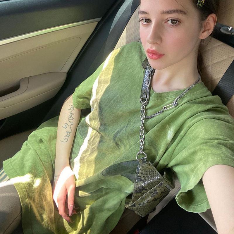 Áo Thun 100% Cotton Nguyên Chất Tay Ngắn Dáng Rộng Nhuộm Màu Xanh Lá Phong Cách Retro Mỹ Cho Nữ