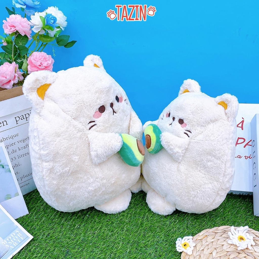 Gấu Bông Mèo Ôm Quả Bơ Cute, Chất Vải Nhung Và Bông Gòn Cao Cấp Tazin