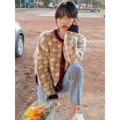 【 At 】 Áo Cardigan dệt kim dáng rộng màu sắc tương phản phong cách Retro Hàn Quốc