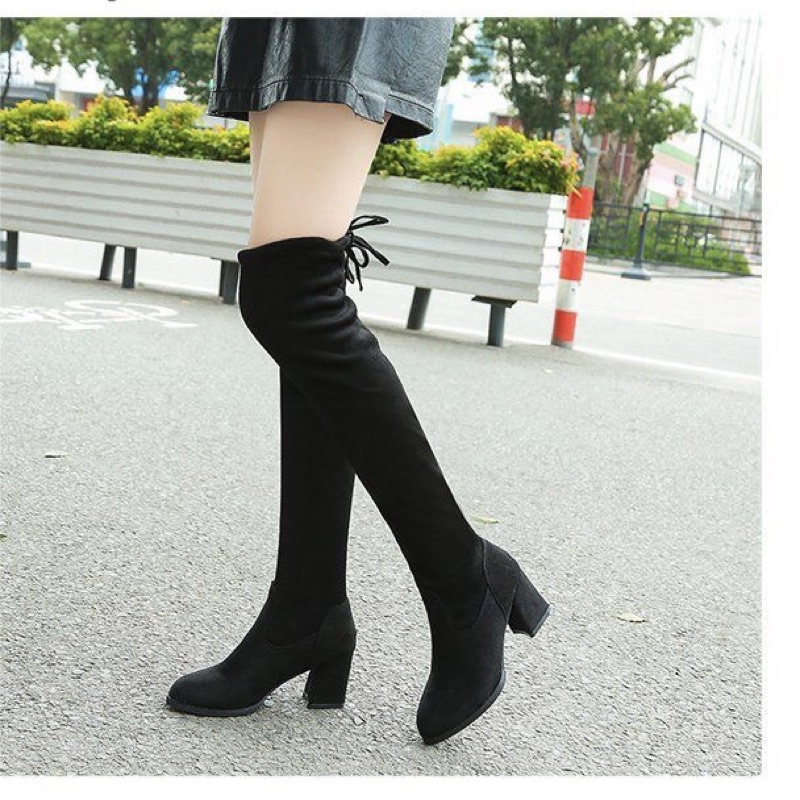 Bốt đùi nữ da lộn lót lông có dây buộc gót vuông cao 6cm