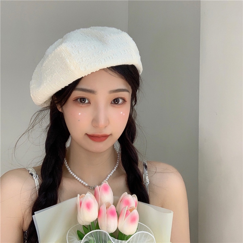 Mũ Nồi Nữ Trơn Phong Cách Retro Dập Gân Có Dây Rút, Nón Beret Họa Sĩ Thời Trang Hàn Quốc