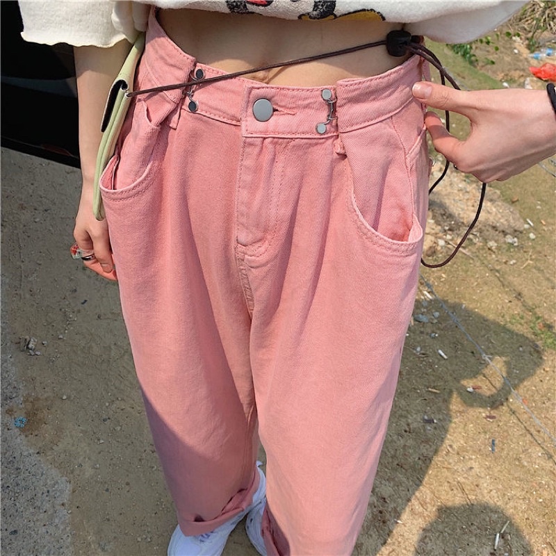 Quần Jeans Nam Nữ Unisex Cạp Khuy Gài Eo Màu Hồng Xanh Đen Trắng Cạp Lưng Cao Ống Suông Dáng Rộng Phong Cách Ulzzang