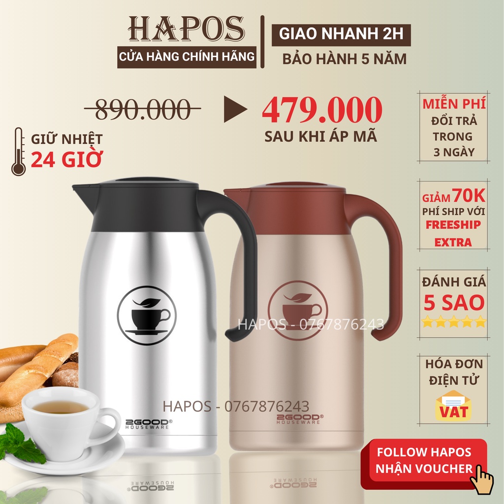 Bình ấm phích pha trà giữ nhiệt nóng lạnh suốt 24h có lõi lọc trà Inox 2GOOD B18 1.6 lít - HAPOS Bảo hành 5 năm