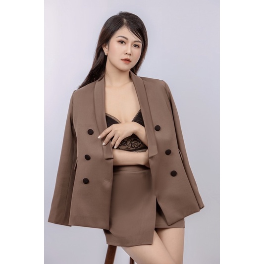 Set blazer chân váy màu nâu tây, set vest chân váy, bộ vest chân váy cá tính
