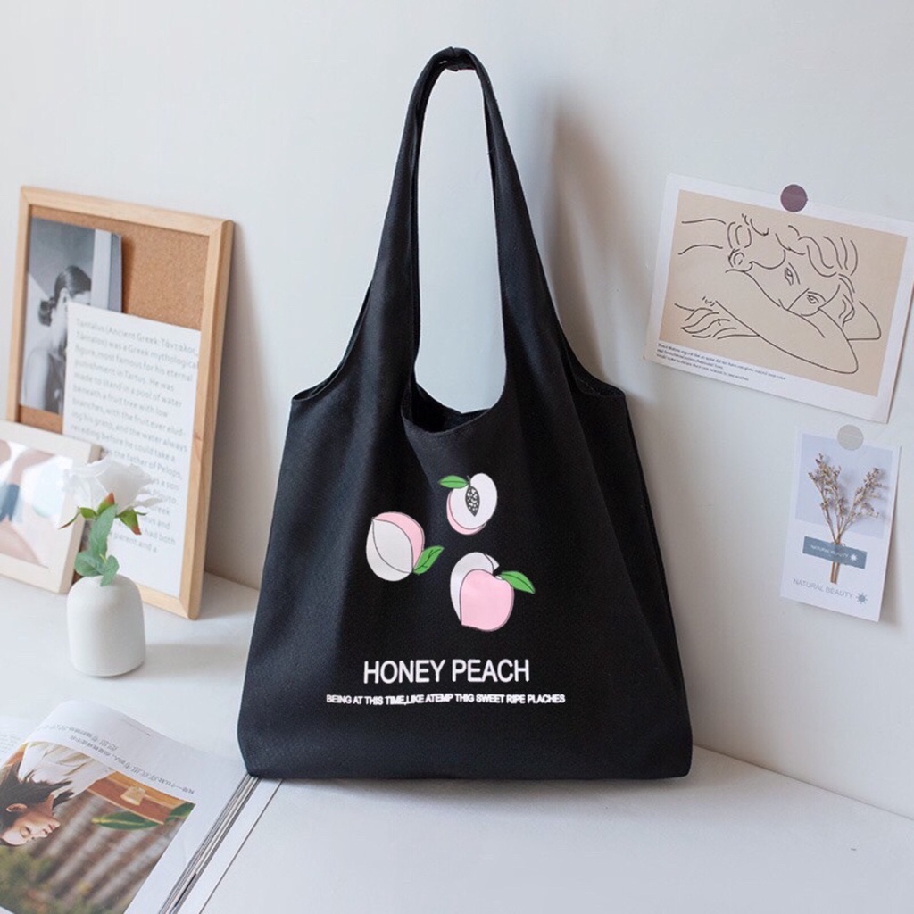 Túi tote Hazin túi vải canvas nữ hoạ tiết quả đào đựng vừa laptop cỡ lớn đeo vai phong cách ulzzang